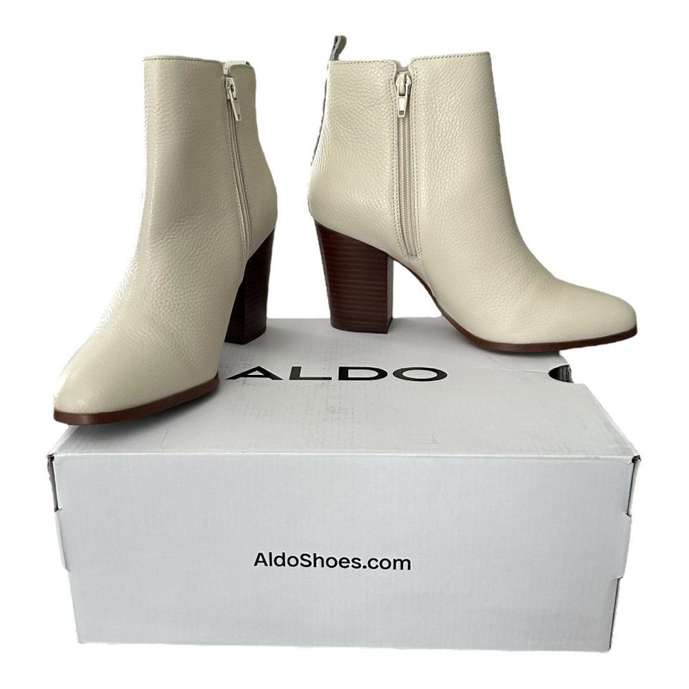Aldo Cream Leather Ankle Booties with Stacked Heel